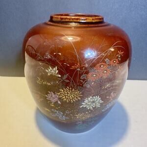 Toyo Japan Floral Vase Red Lacquered Finish 8” Hand-Painted Chrysanthemum Design